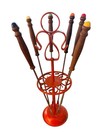 Vtg Mid Century Orange Enameled Fondue Pot Lid Stand Burner Snuffer Wood Forks