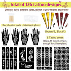 126 Pcs Temporary Tattoos Stencils Kit temporary Tattoos Kit - 6 Pcs 2 Color bro