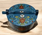 Vintage Norwegian Folk Art Large Blue Rosemaled Round Tina   Tine Box Signed