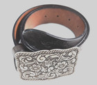 Vtg Fossil Wide Genuine Leather Belt Ornate Silver Tone Buckle Dk Gray Wash Sz L