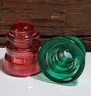 Antique Christmas Decoration 2 Set Vintage Glass Insulators Stained Red Green  