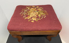 Vintage Wooden Foot Stool Embroidered Red Top Curved Legs 12 x 9 1 2 x 8 