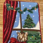 Vtg  Wool Velvet Needlepoint Christmas Stocking Orange Tabby Cat Window Scene