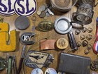 Vintage Mens Junk Drawer Lot Estate Resale Pins Cufflinks Buckles Photos Patches