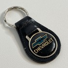 Vtg 1980s Chevy Bowtie Leather Keychain Blue Sunburst Domed Chevrolet Key Ring