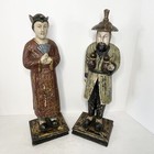 Carved Wood Asian Man Woman Figurines Multicolor Painted Vintage Antique 17 5   