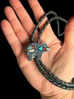 Vtg Zuni Sterling Silver Carved Jet Bear Turquoise Coral Inlay Bolo Tie