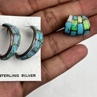 Vintage Sterling Silver Earrings Turquoise Opal Inlay Half Hoop Southwestern