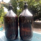 2 Big Vintage Ribbed Amber Brown Glass Chemist Apothecary Pair Bottles Stoppers