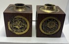 Vintage Retro Cube Israel Shabbat Wood And Metal Candlesticks Jewish Motives