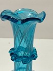Vintage Blue Art Glass Bud Vase White Splatter Design Ruffle D  cor 6 25  Tall