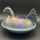 Vintage Indiana Glass Iridescent Horizon Blue Hen On Nest Covered Candy Dish 7   