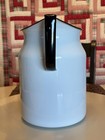 Vintage White Enamelware Pitcher Jug Black Rim And Handle 9  Tall