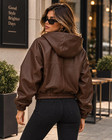 Women s Genuine Sheep Leather Brown Hooded Bomber Jacket Zip Up Casual Coat