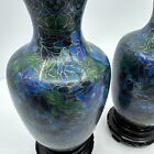 Vintage Pair Blue Green Enamel Chinese Cloisonne Vases W carved Stands Beautiful