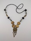 Vintage Peruvian Sol De Oro Coin Necklace Inca Brass Ceramic Beads Leather B5