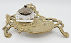 Vintage Art Nouveau Style Solid Brass Inkwell Holder With Glass Well   Brass Lid