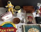 Vtg Junk Drawer Lot P twa intel coins mad cedar Box pipe wallet maglite stamps