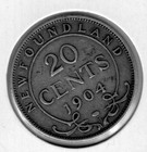 1904h Newfoundland 20 Cents Silver Coin - F 