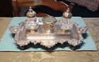 Antique 14  Silver Inkstand With 2 Crystal Inkwells And Center Holder