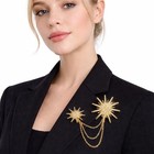 Gold Starburst Double Brooch Pin Set W  Chain Draped Rhinestone Celestial