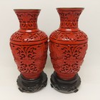 2 Vintage Chinese Carved Lacquer Vases Red Cinnabar Blue Enamel Very Detailed