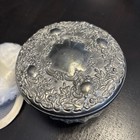Vintage Glass Powder Jar   Vanity Dresser Silver Plate Lid Mirrored Inside