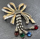 Vtg Staret   Art Deco Huge Bow Brooch Multi Color Rhinestone Two Tone High End