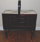 Vintage Fold Out Accordion Style Wooden Sewing Box Tapestry Fabric Lovely 