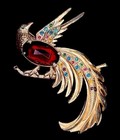 Vintage 1930s 40s Bird Brooch   Gold Tone Multicolored Rhinestones   Large 3 25   