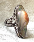 Antique Art Nouveau Sterling Silver Abalone Blister Pearl Ring - Size 4