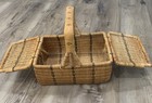 Vintage 1950   s Woven Wicker Double-flap Lidded Basket  14   l X 12 5   h X 10   d