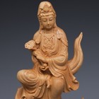 Flame-glowing Guanyin Buddha Statue Solid Wood Carving Home Office Ornament