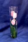 Handpainted Tulips   Butterflies Clear Glass Cylinder Vase Heavy Bottom Elegant