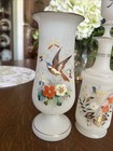 Antique Victorian Bristol Satin Glass Floral W  Bird Vase   Bottle W  Stopper
