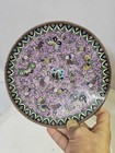 Vtg Cloisonne Enamel Plate 7 25  W  Purple Green Floral   6 Colorful Butterflies