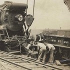 Vintage Snapshot Photo Steam Locomotive Railroad Workers Track Repair