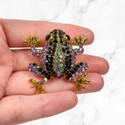 Rhinestone Frog Brooch Pendant Gold Tone Purple Black Ab Statement Jewelry