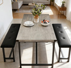 3pc Farmhouse Dining Table Set 2 Benches Metal Wood Kitchen Table Set Retro Gray