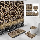 4 Pcs Leopard Print Shower Curtain Set With Non-slip Rugs  Toilet Lid Black