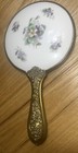 Antique Brass Floral Pink Mum Porcelain Hand Held Vanity Mirror Beveled