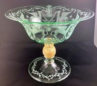 Rare F barbini Murano Green Glass Compote Engraved Griffins Gold Aventurine Stem