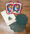 Vintage Christmas Bundle 2 Cotton Potholders  Linen Hand Towel  Crochet Dollies