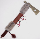 Vintage Native American Brass Wood Leather Fur Indian Tomahawk Peace Pipe Beads