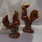 Vintage Ceramic Roosters Chickens Figures Drop Brown Handpainted Pair Set 2 Mcm