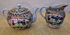 Japanese Satsuma Green Rose Medallion Teapot Lid Creamer Sugar Bowl Set Figures 