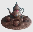 Vtg Middle Eastern Brass Coffee teapot W 3 Cups   Serving Tray Enameled Margana