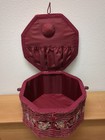 Vintage Hexagon Woven Wicker Sewing Basket Burgundy And Pink Floral 12 