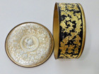 Guildcraft Metal Fruitcake Tin Gold Embossed W Black Filgree Gold Grape Leaves