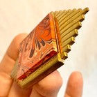 Vintage Art Deco Design Brooch   Pin Red Marbleized Panel   Brass